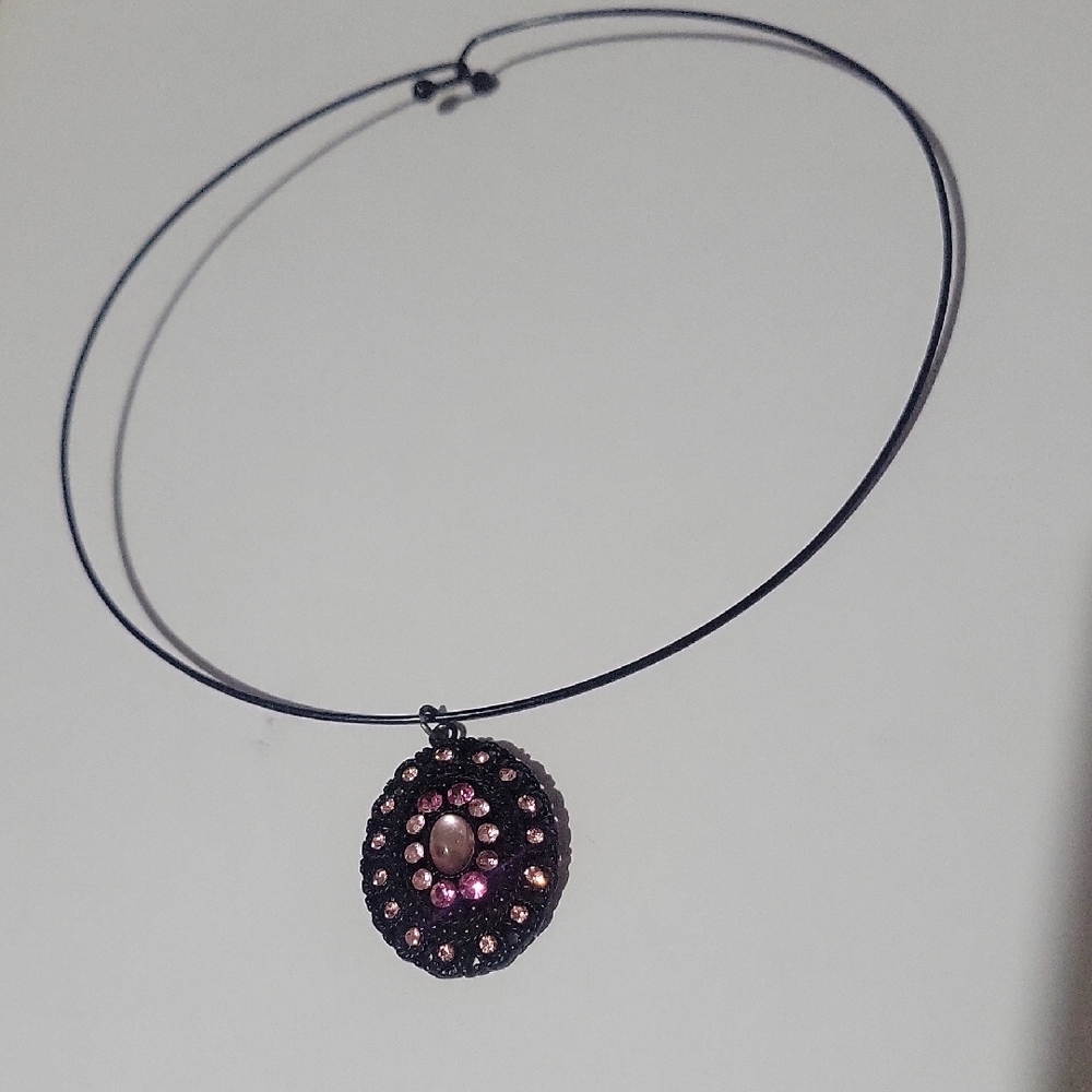 Elegant Pink and Black Wire Wrap Pendant Necklace